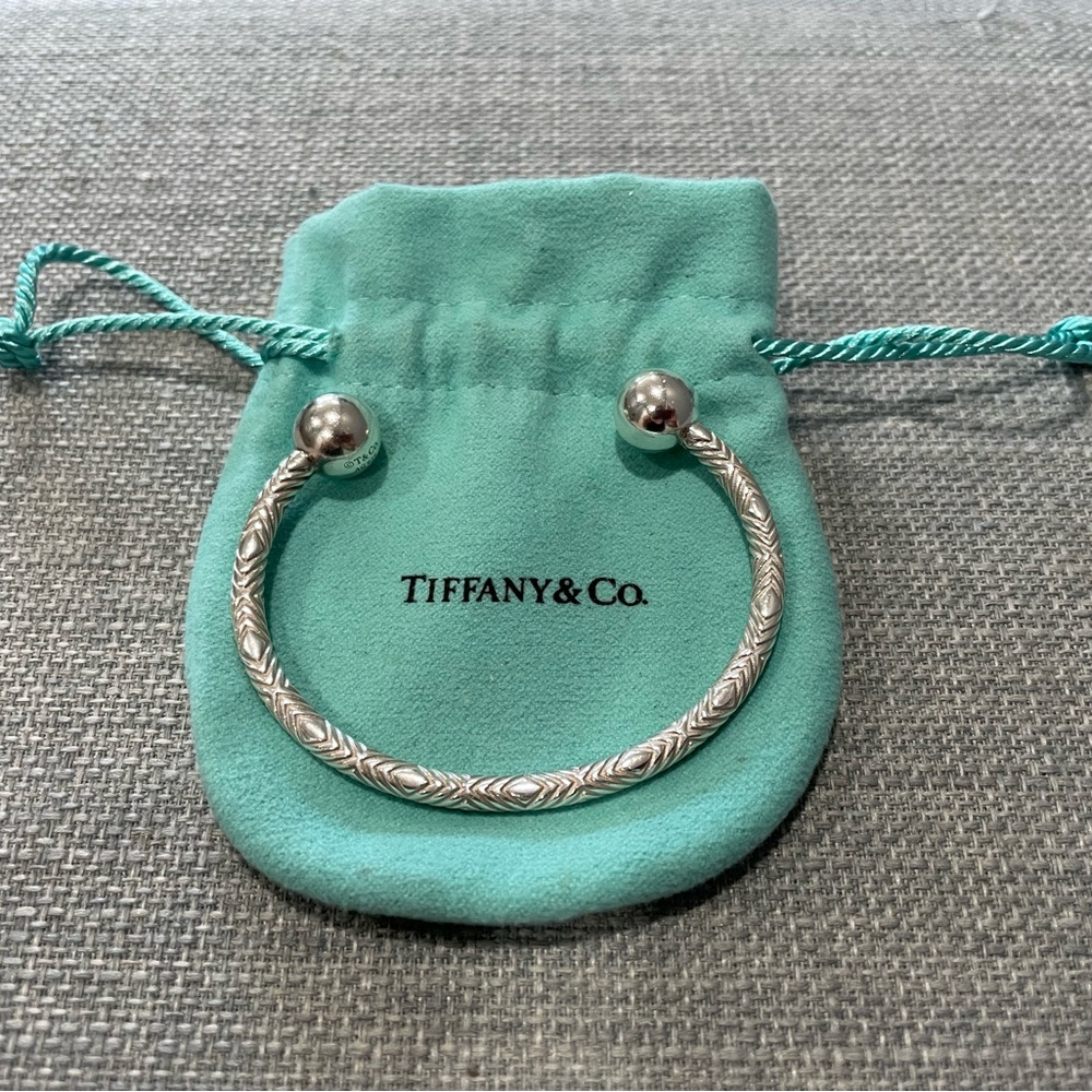 Tiffany & Co. Textured HardWear Barbell Ball Cuff Bracelet Sterling Silver